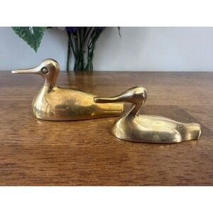 Vintage Brass Duck Figurines Pair Modernist‎ Minimalist Sculptures Bird Decor